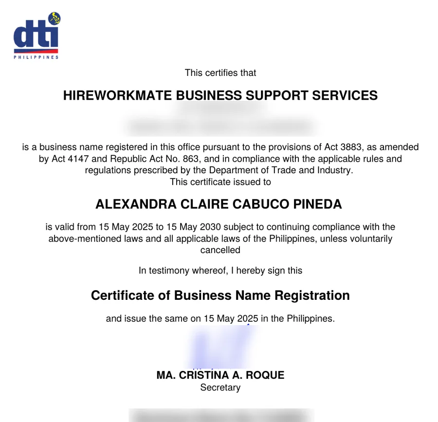 DTI Certificate of Business Name Registration with sensitive details blurred